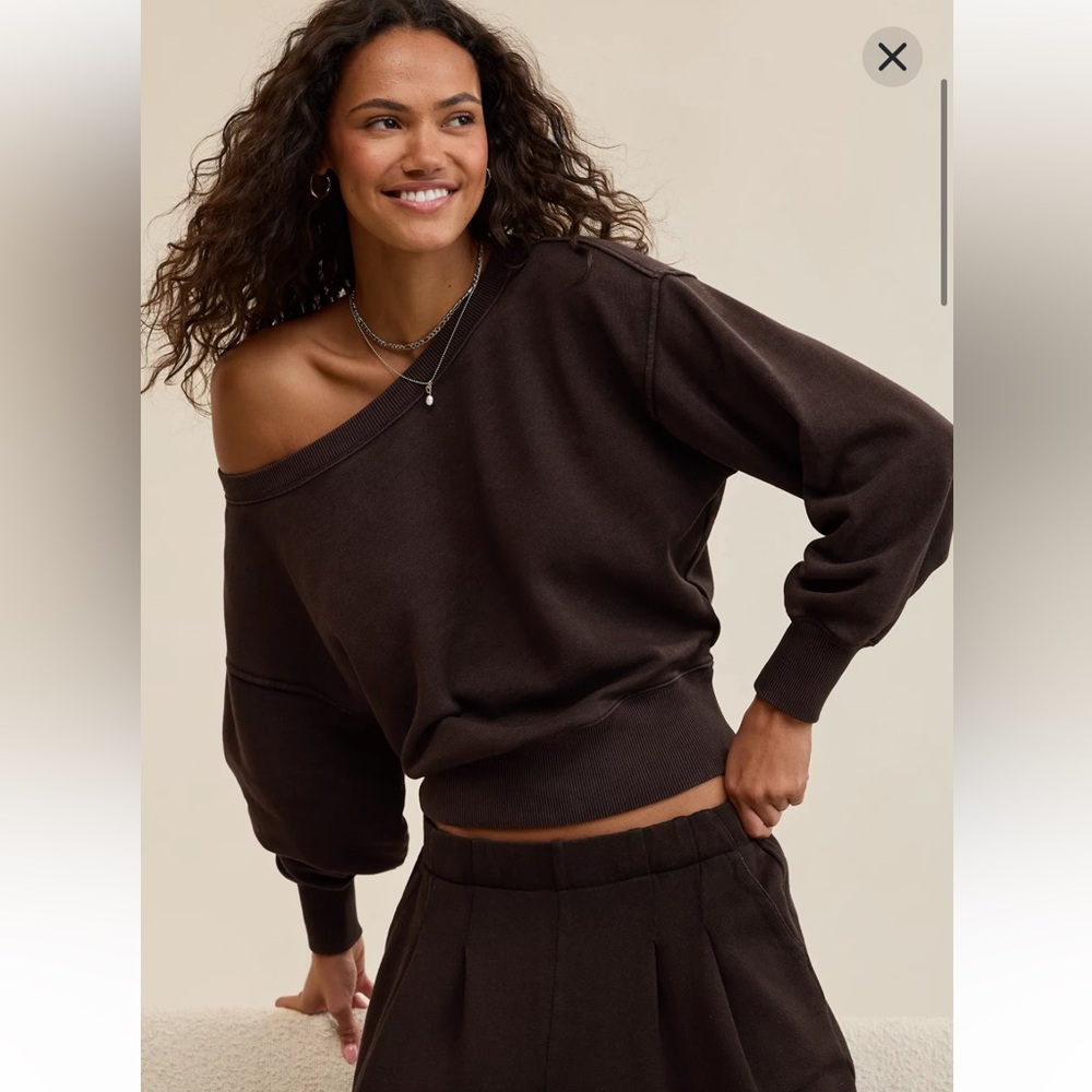 Aerie Go-To Off The Shoulder Sweatshirt Deep Earth